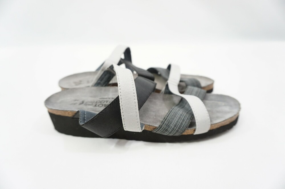 Naot Roxana Used EU 37 US 6 Wedge Strappy Slip On Slide Sandals Black/Grey